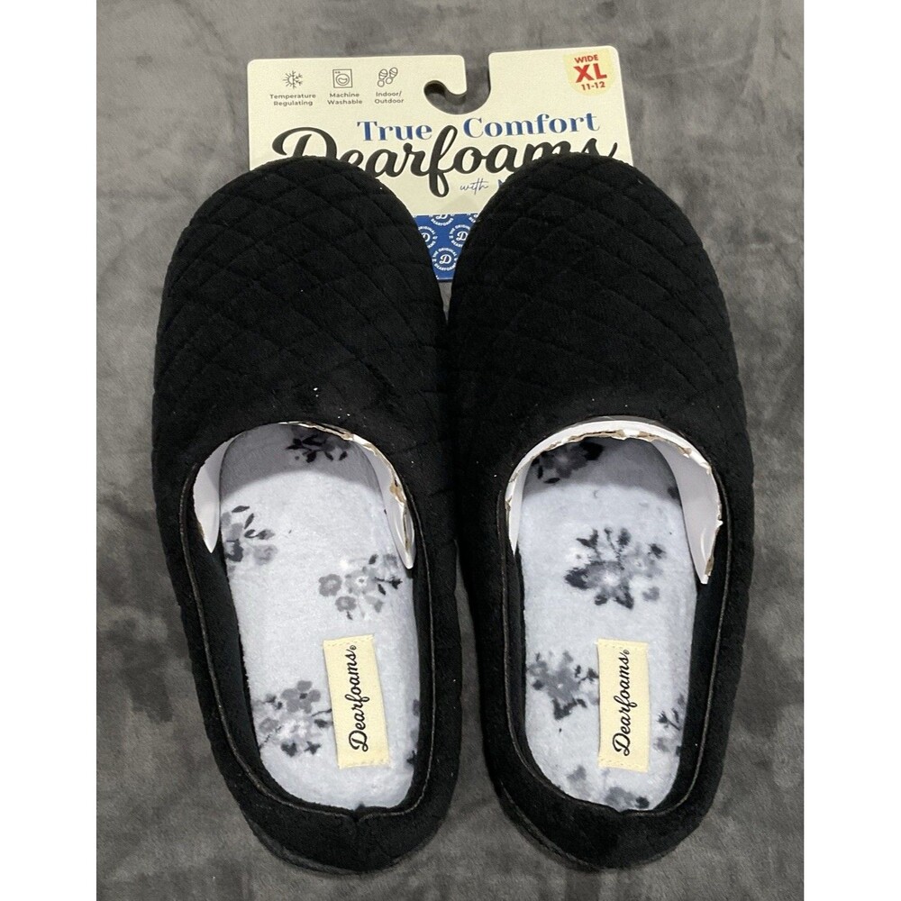 Dearfoams Womens Leslie Washable Memory Foam Terry Clog Slipper, Black, Size XL